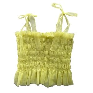 H&M Women’s XL Neon Light Yellow Sheer Adjustable Bow Smocked Tulle Cropped Tank
